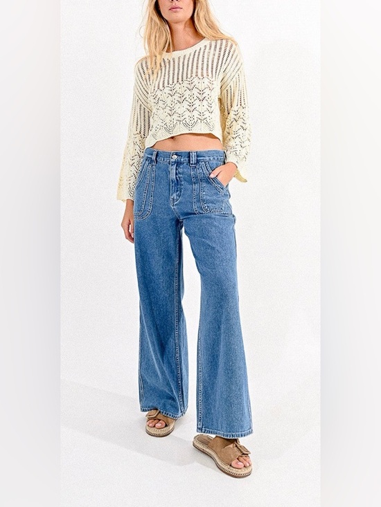 Molly Bracken Denim - Molly Bracken Blue Low Rise Wide Leg Jeans Medium Wash Size S